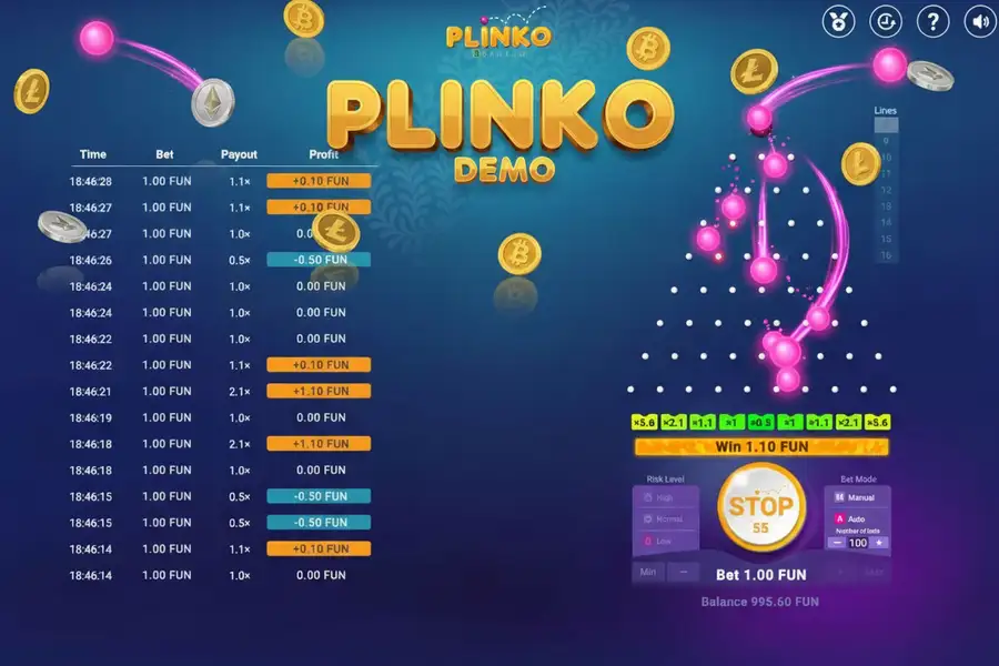 Plinko настройки игры — выбор риска и количества рядов